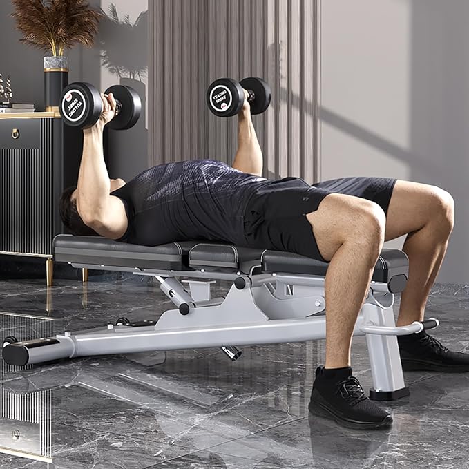 Adjustable Weight Bench - 2.5mm Thick Steel Frame, Silver & Black, 1400lb Capacity, 7 - Position Backrest, Wheels - Ideal Home Gym Workout Equipment