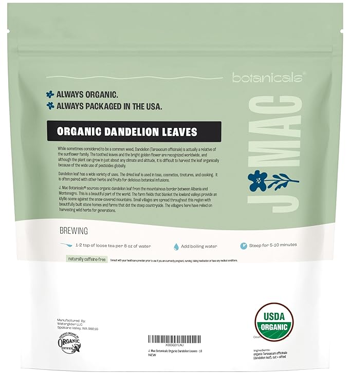 J Mac Botanicals, Organic Dandelion Leaves (16 oz bag) USDA Certified Organic Dandelion leaf tea, te diente de leon organico, Packaged in the USA, Cut and Sifted, No Caffeine, Fresh dried dandelion