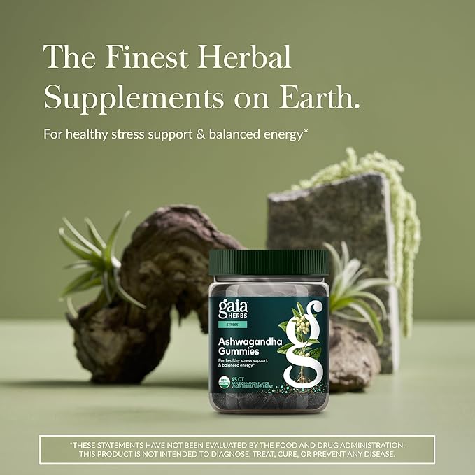 Gaia Herbs Organic Ashwagandha Gummies, Stress Support, Cinnamon, Ginger, Gluten Free, Vegan, 45 Count