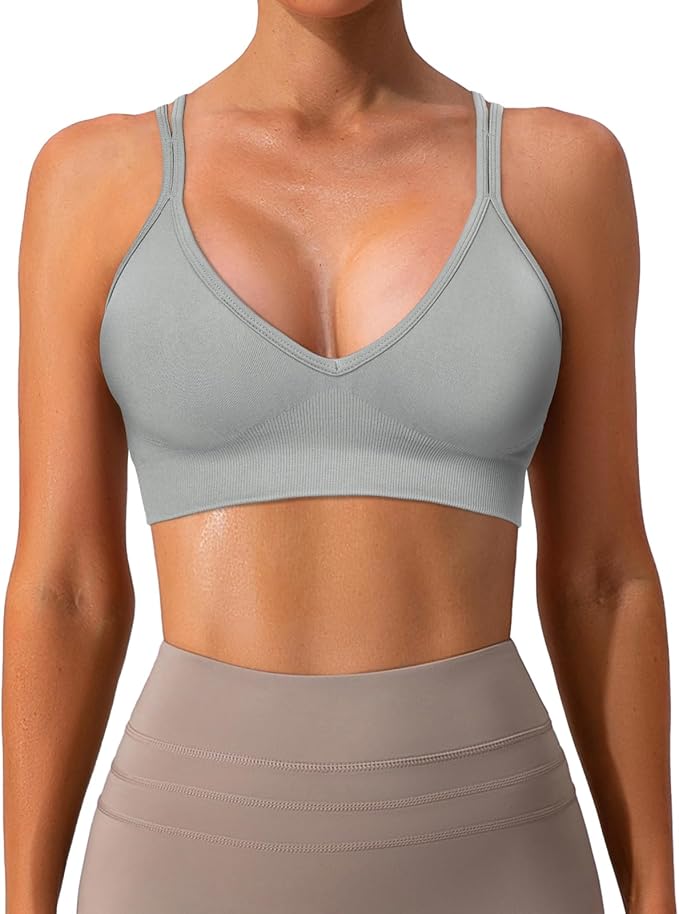 Sports Bra for Women V-Neck Strappy Criss Cross Yoga Bra Padded Medium Support Workout Gym Athletic Fitness Bras 3 Pack