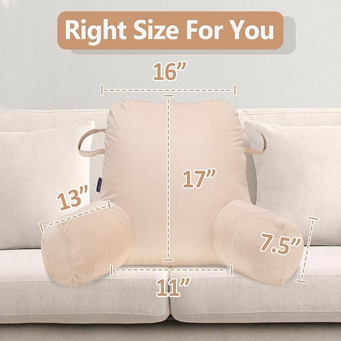 Portable Comfy Reading Pillows for Sitting in Bed Adult(Khaki Oeko-Tex), Velvet Bed Pillow with Arms & Pockets,Elastic Sponge & Washable Cover,Back Pillow for Reading/Watching/Gaming/Resting