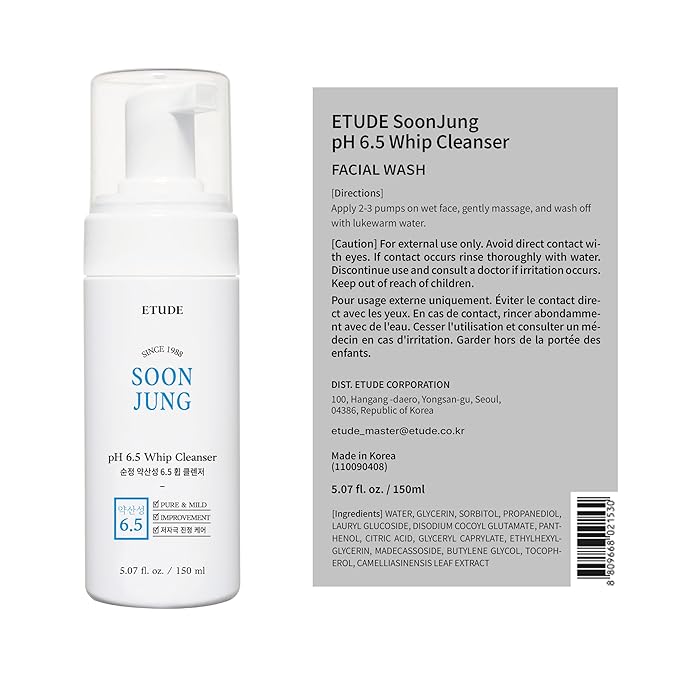 ETUDE Soonjung pH 6.5 Whip Cleanser, Face Wash for Sensitive Skin, Soft Bubble, Hypoallergenic Cleansing, Low pH Level, Fragrance-Free, Panthenol, Madecassoside, Korean Skin Care, Beauty (5.07 Fl Oz)
