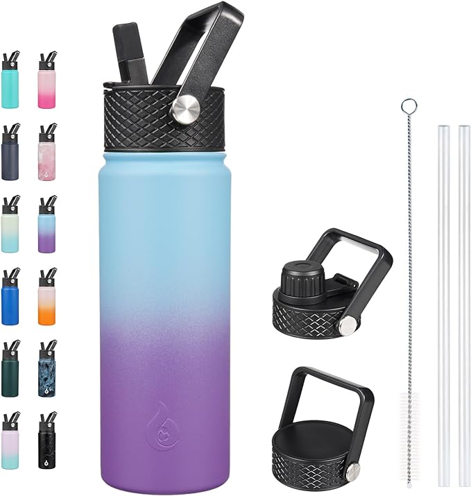 BJPKPK Insulated Water Bottles with Straw Lid, 22oz Cold & Hot Thermo, Stainless Steel Metal Water Bottle with 3 Lids, Reusable Thermo, Cups, Mugs for Daily Use-Ocean Dream