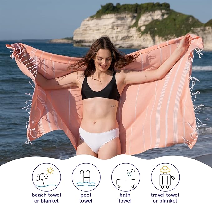 Turkish Beach Towels, Pack of 4 | Oversized, Quick Dry, Sand Free | 100% Cotton, Large 38x71 Towels for Beach, Pool, Travel | Ultra-Soft, Compact, and Absorbent | Salmon