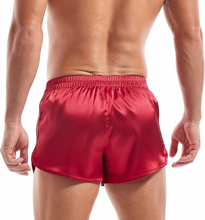 AMY COULEE Mens Satin Shorts Silk Boxers Sexy Split Side Lounge Shorts 3 Inch Pajama bottoms