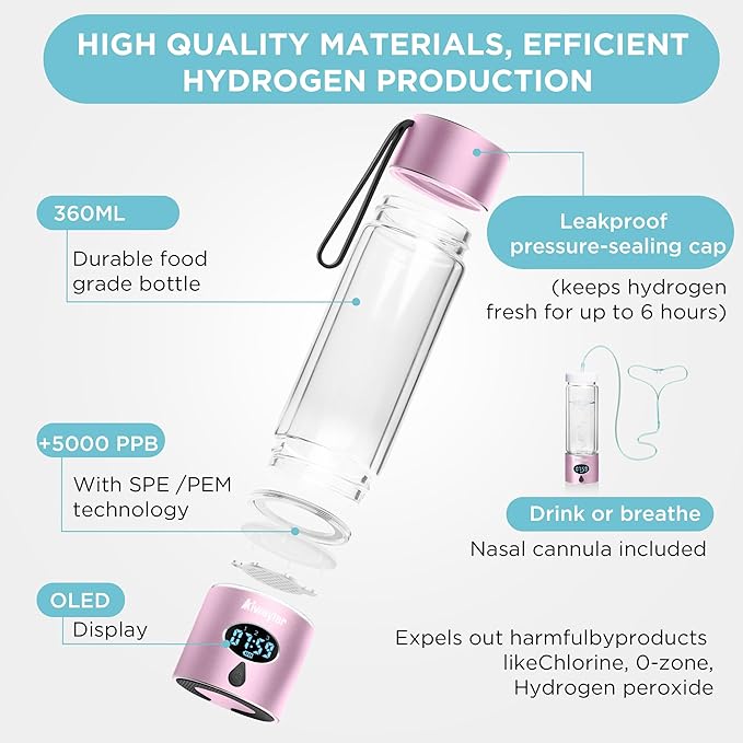 Hydrogen Water Bottle - Portable, Rechargeable, LED Timer,3 Work Mode, Aluminum and Glass,360ML,Hydrogen Water Ionizer Machine with PEM/SPE Technology, Suitable for Office,Home,Gym Outdoor