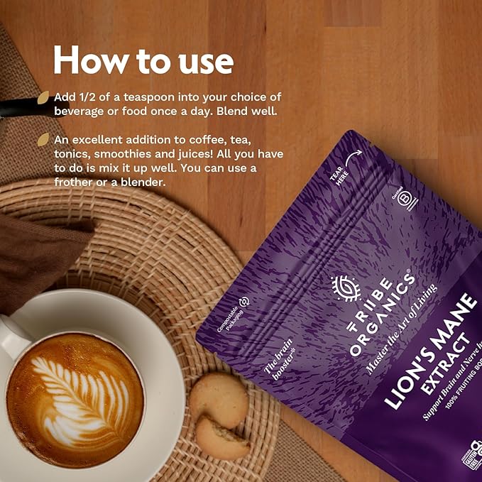 TRIBE ORGANICS Lion’s Mane Powder - Organic Mushroom Extract Powder - Immune System Booster & Brain Nootropic for Focus and Memory - Natural Energy and Immunity - 100g Pouch - 100 Servings