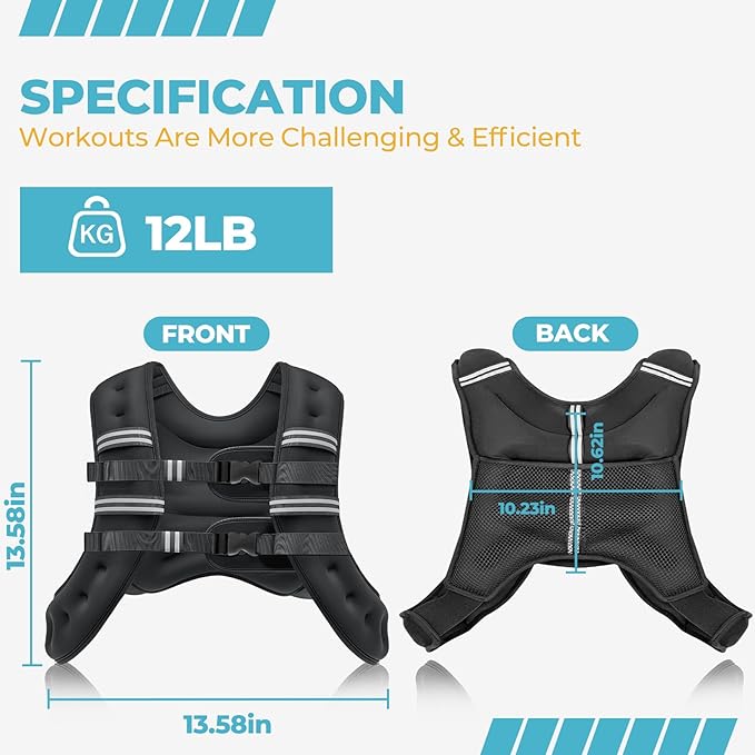 Weighted Vest, 12lb/16lb/20lb Weight Vest with Reflective Stripes for Men Women, Two Adjustment Straps for Workout, Strength Training, Running, Fitness, Muscle Building, Weight Loss