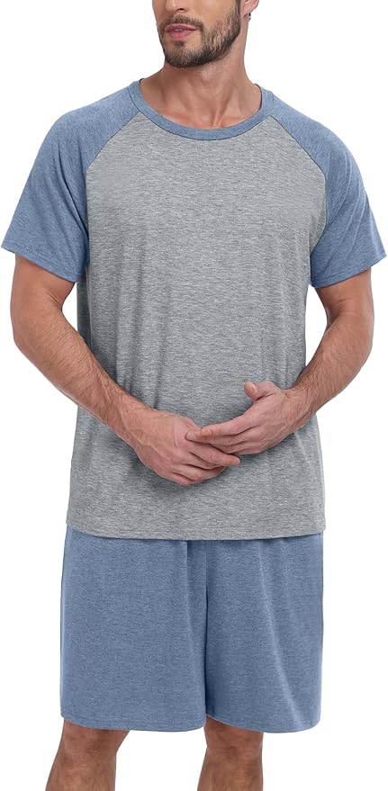 Mens Pajama Set Summer Pjs Sleepwear Lightweight Short Sleeve Pjs Soft Comfy Sleep Set With Pocket