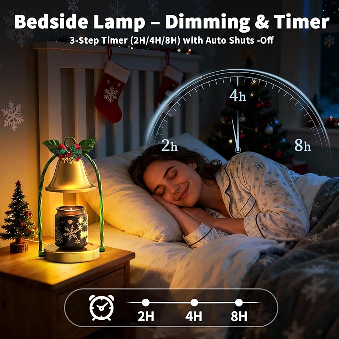Christmas Candle Warmer Lamp - Gold Base with Green Accents, Bell-Shaped Shade, Adjustable Timer & 4 Dimming Modes, Flameless Heater for Candles Under 4 Inches, Festive Home Decor (Christmas)