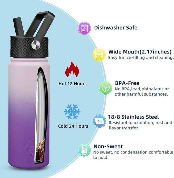 BJPKPK Insulated Water Bottles with Straw Lid, 22oz Cold & Hot Thermo, Stainless Steel Metal Water Bottle with 3 Lids, Reusable Thermo, Cups, Mugs for Daily Use-Violet