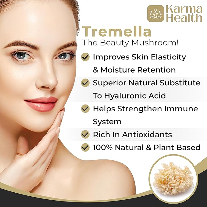 Tremella Mushroom Powder Capsules - Compressed White Snow Fungus Mushroom Powder Supplement - 25% Beta Glucan Content, Vegan & GMO Free. Snow Fungus Organic Supplement