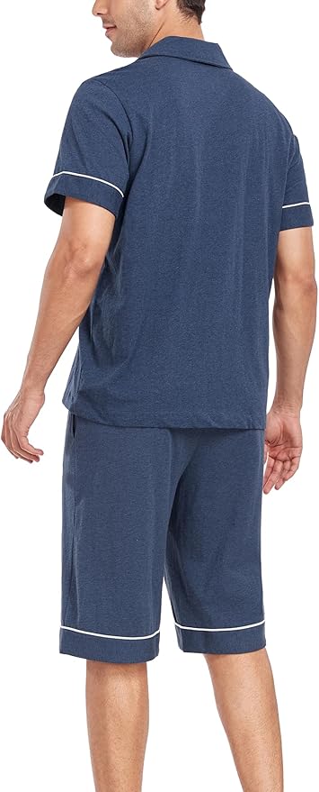 COLORFULLEAF Men's 100% Cotton Short Sleeve Pajama Sets Button Down Notched Collar Sleepwear Soft Lounge Pjs with Pockets
