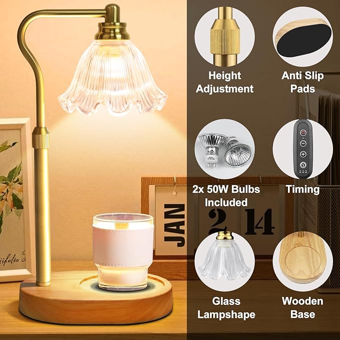 Candle Warmer Lamp, Electric Wax Candle Warmer with Timer and Adjustable Height, Dimmable Wax Melt Warmer with 2 Bulbs for Scented Jar Candles, Home Decor, and Mother’s Day Gifts