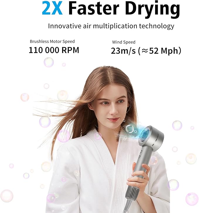 Bladeless Ionic Hair Dryer, 110,000 RPM Diffuser Hair Dryer, 300M Negative Ion, 6.5ft Cord, 3 Heat Settings & 3 Speed, with Concentrator Nozzle and Diffuser for Curly Hair, for Women Men, Grey