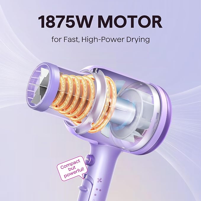 Wavytalk Blow Dryer with Diffuser, Blown Away Ionic Hair Dryer for Curly Hair with Comb, 1875W Fast Drying Blow Dryer with Ceramic Technology, 3 Attachments for All Hair Types, Light and Quiet, Purple