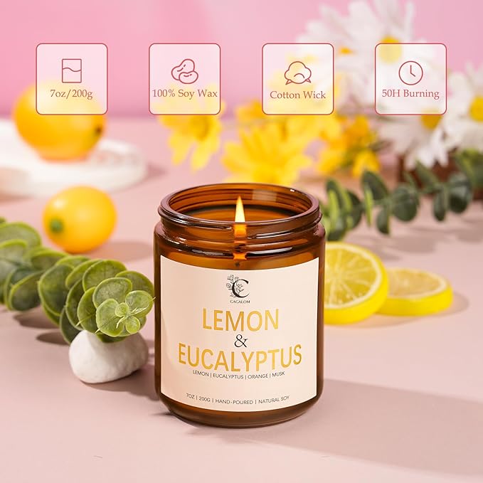 Lemon Eucalyptus Scented Candles for Fall Home Decor, 7oz Birthday Candles, Floral Aromatherapy Chirstmas Candle for Bedroom Bath Birthday New Job House Warming Gifts Halloween Chirstmas Decor