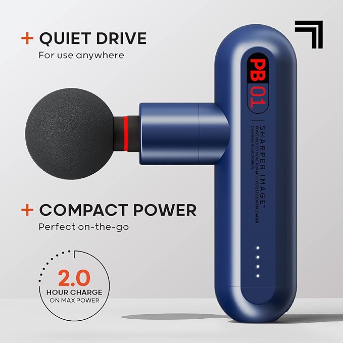 Sharper Image Powerboost Move - Mini Percussion Massage Gun| 4 Attachments, 4 Speeds, FSA Eligible| Full Body Back & Shoulder Massager| Deep Tissue Muscle Recovery| Portable Pain Relief Massage Tool