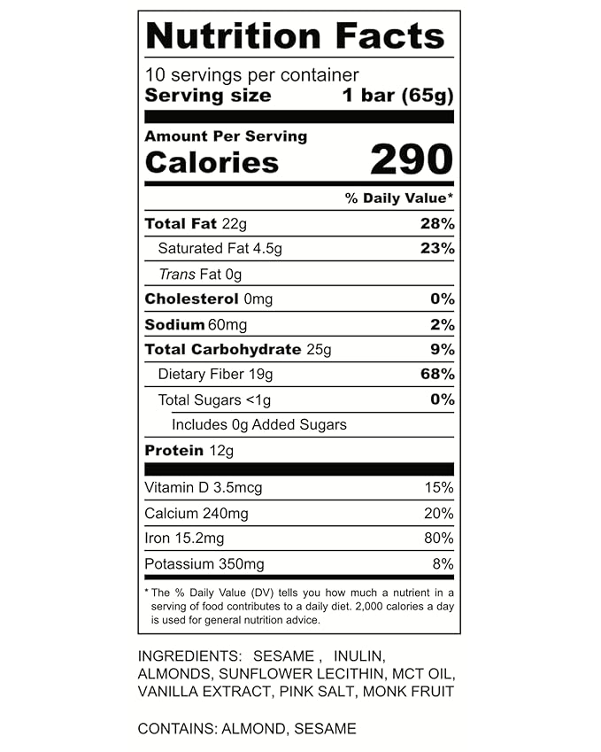 Vital Halva Fiber Protein Sesame Bar, Gluten Free, 19g Fiber, 12g Protein, 6 Net Carbs (10 Bars, 65g each) Zero Added Sugar, Flavor Pink Salt