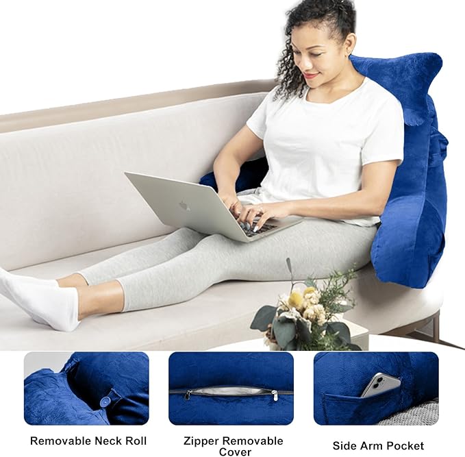 SLIGUY Reading Pillow for Sitting in Bed Couch Adult, Back Pillow with arm Support and Pockets, Adult Back Pillow Bed Chair for Bed Rest, Reading, Watching TV, Gaming for Boys and Girls Blue