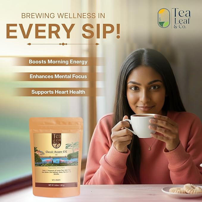 Tealeaf & Co. Classic Assam CTC Chai - 100% Pure Loose Leaf Black Tea - Low Caffeine Premium Tea - Upto 50 Servings (3.52oz/100gm)