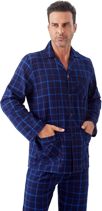 GLOBAL Men's Pajamas Sets 100% Cotton Flannel Sleepwear Long-Sleeve top & Bottom