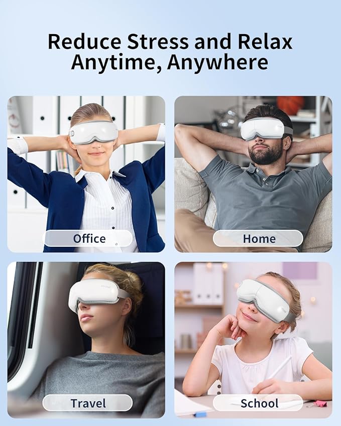 arboleaf Eye Massager with Heat, Heated Eye Massager for Migraines with Compression and Music, Wireless Eye Mask Massager with Heat, 5 Modes Portable Massaging Eye mask for Relieve Eye Strain