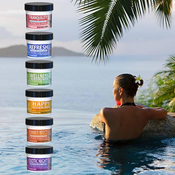 Waters Choice Aromatherapy Spa Salts Sample Pack. Let Spicy Peppermint, Delicious Fruit nectars and Warm Cinnamon Vanilla Relax and Refresh You. Six scents to Delight Your Senses.