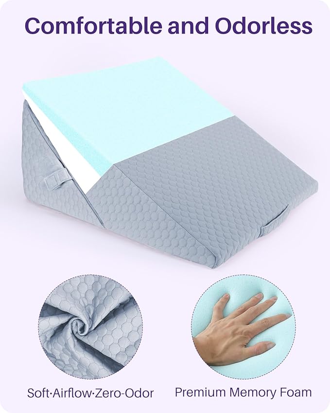 Adjustable Wedge Pillow for Sleeping Apnea, Acid Reflux Relief, Back Pain, Snoring & Post Surgery Recovery, Memory Foam Bed Wedge Pillow with Removable Washable Cover & Handle-Grey 9 & 12 Inch