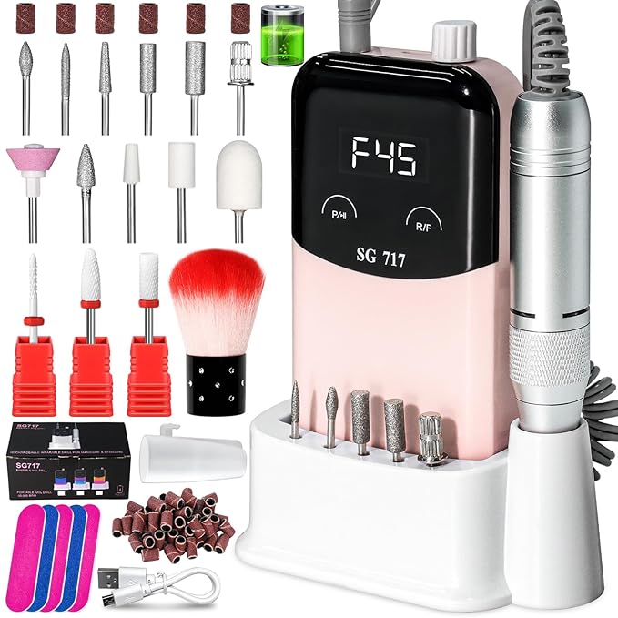 LIMEGIRL Professional Electric Nail File Drill Bits Kit 45000RPM for Acrylic Toenail Machine Clippers with 14 Drill Bit Pink Portable Rechargeable Cordless