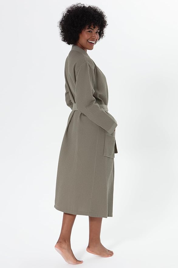 SEYANTE Womenโs Luxury Waffle Shawl Collar, Hooded Robe w Piping โ Lightweight, Long, Ultra Soft Spa Sleepwear Bathrobe