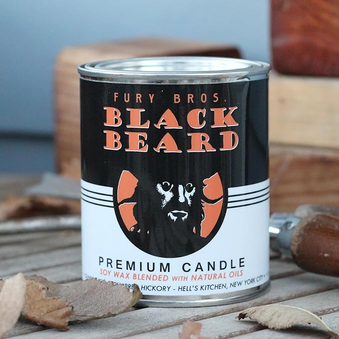 Fury Bros. Scented Candles for Men | Black Beard | Gunpowder & Charred Hickory | Natural Soy Wax | Hand-Poured in the USA | Long 70-80 Hour Burn (12.5 oz) | Vintage-inspired Tin Design | Dad Home Gift