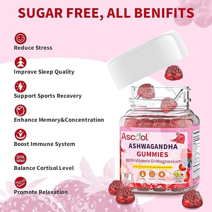Ashwagandha Gummies, Sugar Free Ashwagandha Root Extract with Vitamin D & Magnesium, 90ct Vegan, Non-GMO, Gluten & Gelatin Free