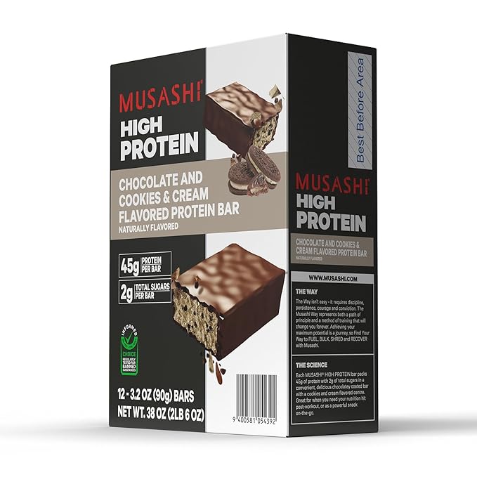 MUSASHI High Protein Bar, 45g Protein, 2g Total Sugars, Cookies & Cream, Post Workout and Protein Snack On The Go, 12 Pack of 3.2oz (90g) Bars