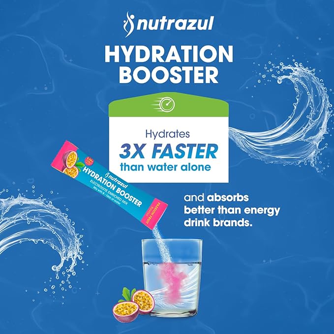 nutrazul Hydration Booster 30 Sticks | Supports Rapid Hydration | Electrolyte Enriched Mix | No Artificial Sweeteners | Passion Fruit Flavour| Vegan, Gluten-Free, Non-GMO