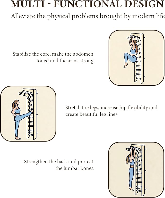 Multi-Function Gymnastics Swedish Ladder,Wall Mounted Wooden Gymnastics Bar,Indoor Home Gym for Kids & Adults