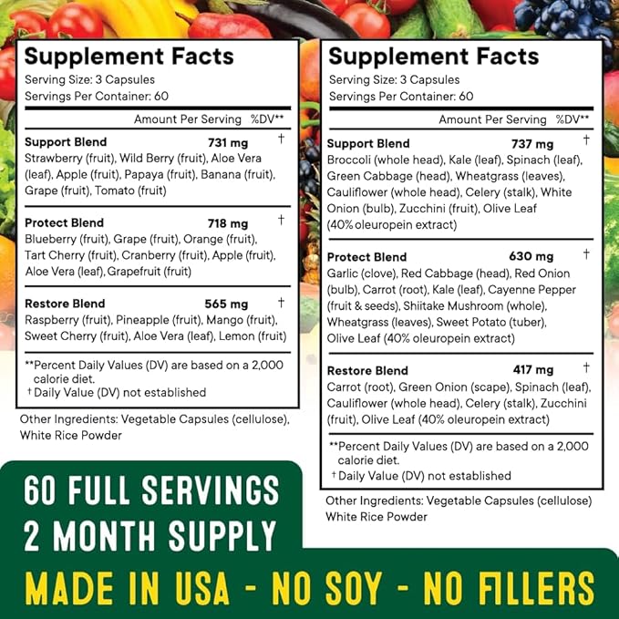 Superfood Fruit and Veggie Supplement - 360 Whole Super Fruit and Vegetable Supplements & Vitamin with Olive Leaf, Soy Free- 180 Count (Pack of 2)
