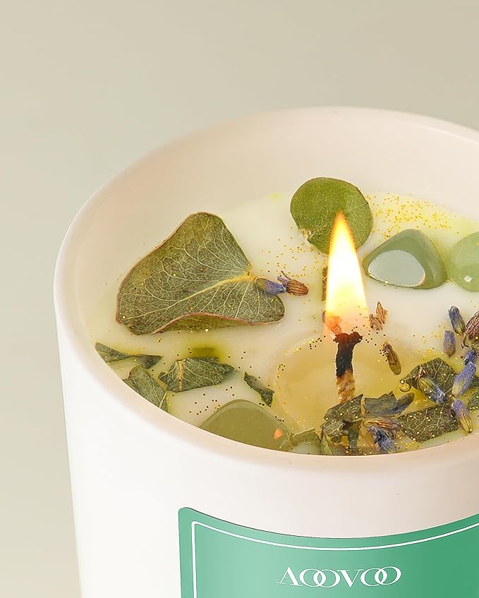 AOOVOO Eucalyptus Mint Scented Candles for Women - Aromatherapy Candle with Crystals Inside, 10oz Soy Candles for Home Scented, Mothers Day Birthday Gifts Candle for Women Mom