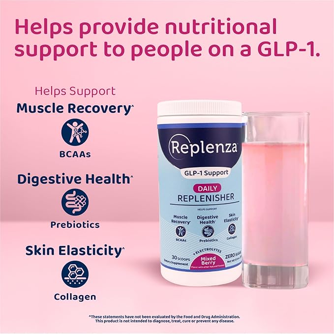 Daily Replenisher GLP-1 Nutritional Support, Powder, Muscle Recovery, Digestive Health & Skin Elasticity Mix of Amino Acids, Prebiotics and Collagen Peptides – Berry Flavor, 2 pk of 30 Scoops