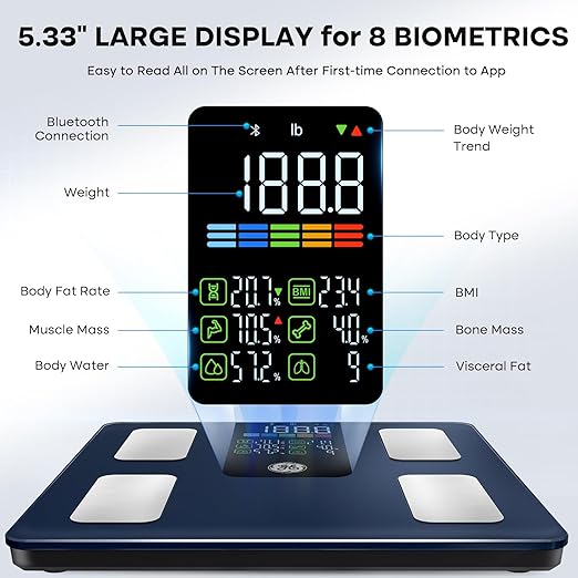 GE Smart Scale for Body Weight, BMI, Body Fat, Muscle Mass, Digital Bathroom Scales 500lbs for Bluetooth Weight Monitor 11.8" Large Platform Weighing Machine Health Analyzer with App