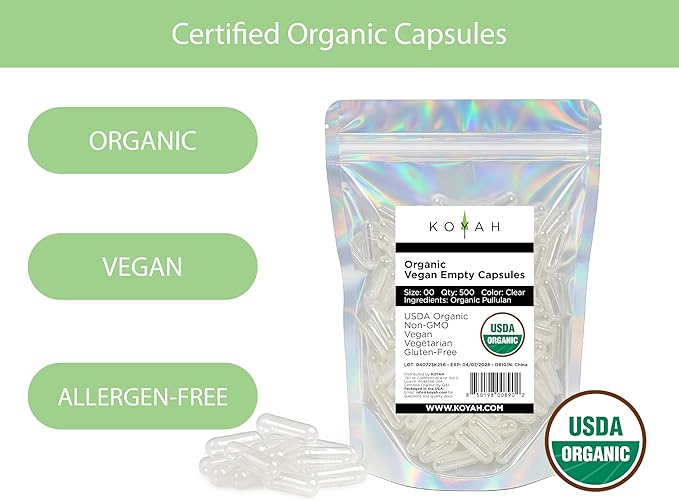 KOYAH Certified Organic Empty Pullulan Capsules: Size 00, Vegan, Gluten-Free, Non-GMO, Allergen Free – Ideal for DIY Supplements (500 Count)
