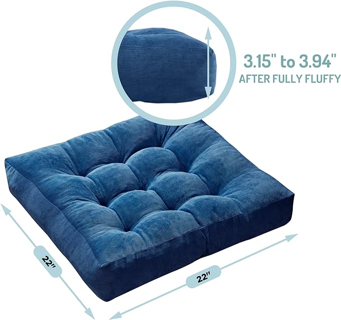Degrees of Comfort Meditation Floor Pillow Set of 2, Square Large Pillows Seating for Adults, Tufted Corduroy Cushions for Living Room Tatami, Memory Foam Added, Navy Blue, 22x22 Inch