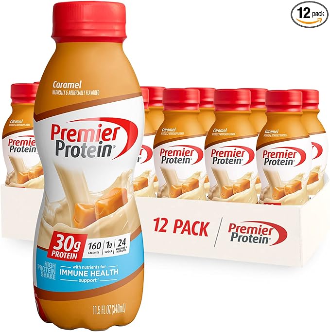 Premier Protein Liquid Protein Shake, Caramel, 30g Protein, 1g Sugar, 24 Vitamins & Minerals, Nutrients to Support Immune Health 11.5 fl oz Bottle (12 Pack)