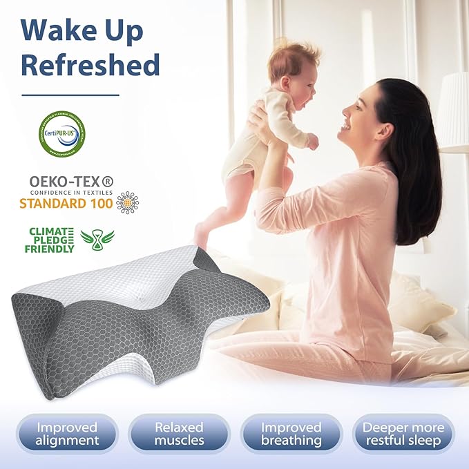 HOMCA Cervical Pillow, Ergonomic Memory Foam Pillow for Neck and Shoulder Pain Relief with Cooling Ice Silk Pillowcase, Orthopedic Neck Bed Pillow for Side, Back and Stomach Sleepers