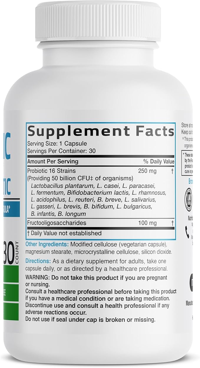 Bronson Once Daily Probiotic 50 Billion CFU Plus Prebiotic Daily Maintenance Formula One Capsule Per Day Non-GMO, 30 Vegetarian Capsules