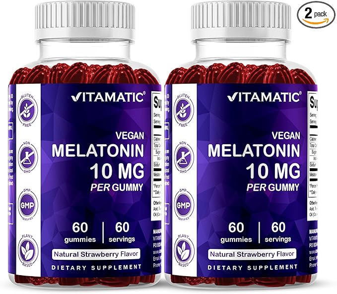 Vitamatic Melatonin 10 mg Vegetarian Gummies – Non-Habit Forming – 60 Gummies per Bottle – 2-Pack (Total 120 Vegan Gummies)