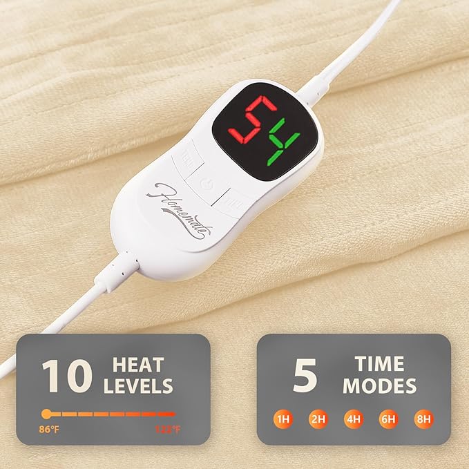 Homemate Electric Heated Blanket Full Size - 72"x84" Heating Blanket Full Size 1/2/4/6/8 Hours Auto-Off 10 Heat Level Over-Heat Protection Flannel Sherpa ETL Certification