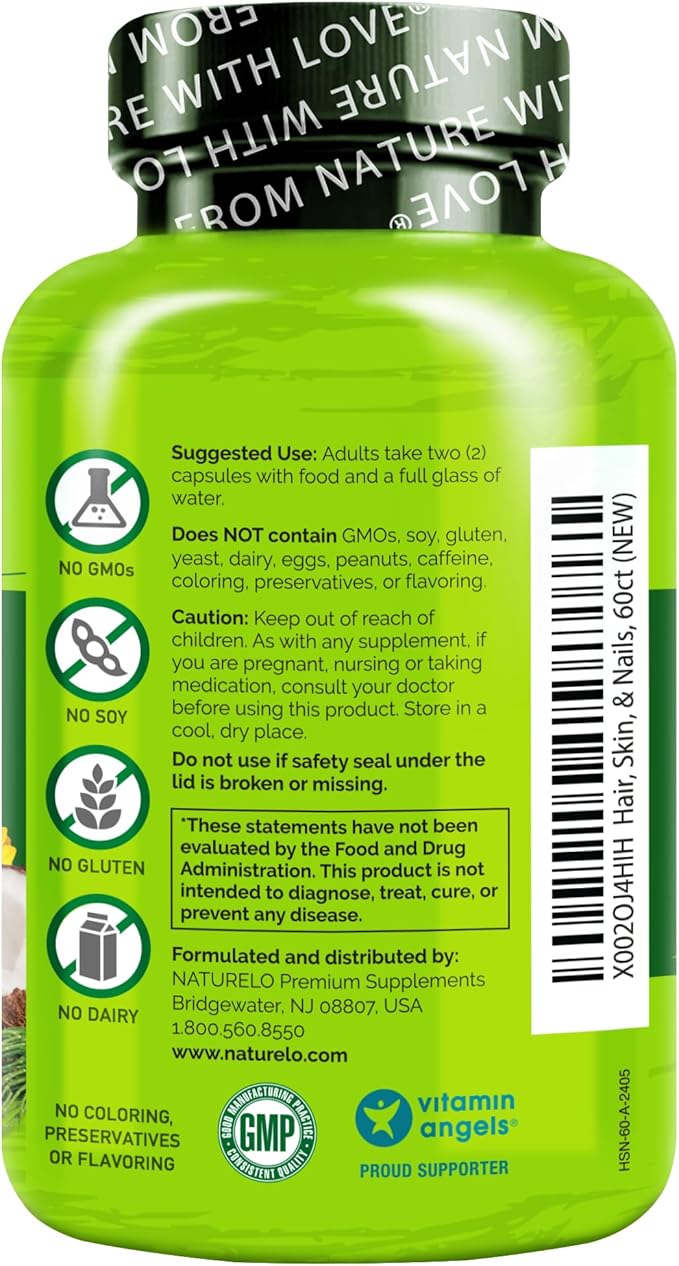 NATURELO Hair, Skin and Nails Multivitamin - 5000 mcg Biotin, Collagen, Natural Vitamin E - Supplement for Healthy Skin, Hair Growth for Women and Men 60 Capsules