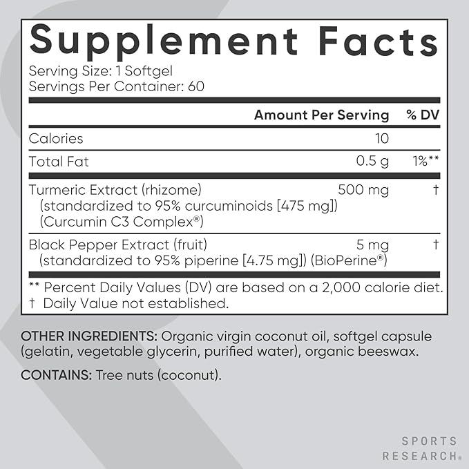 Sports Research Turmeric Curcumin C3 Complex 500 mg, Enhanced & Black Pepper and Organic Coconut Oil for Better Absorption; Non-GMO and Gluten Free - Standardized 95% Curcuminoids (60 Count Softgels)