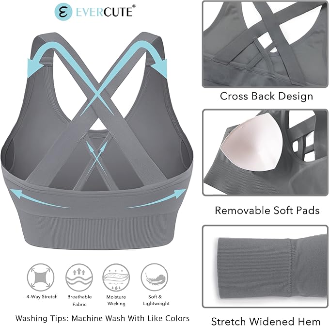 Evercute Sports Bra for Women Padded Medium Support Criss Cross Strappy Bras Seamless High Impact Yoga Exercise Athletic Bras